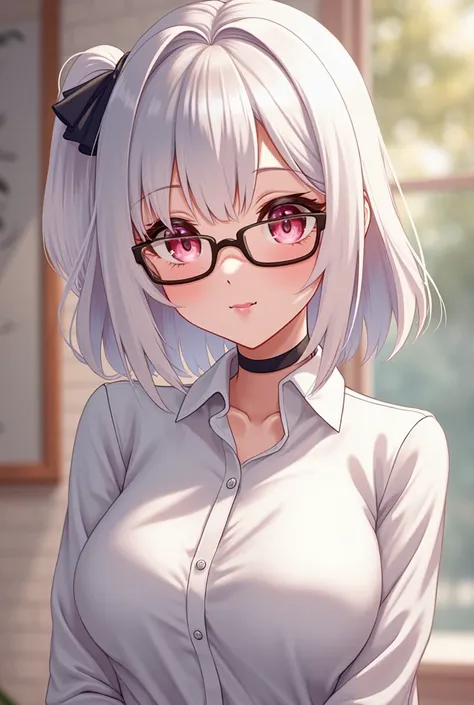 Anime girl wearing glasses and white shirt posing for photo, thick, ,  Fascinating Anime Girl,  with big breasts , (Sfw) safe for work, perfect  white hair girl,  opposite ,  Anime style . 8k, breasts covered and Sfw,  is trending on cgstation , [  4 k dig...