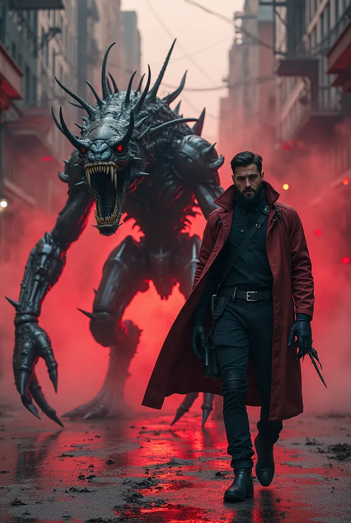 Create a striking image representing the sign Cancer. The scene must show a man walking in front with a challenging and dominant presence. His clothing must be dark and tactical, like a futuristic suit details in red and black, inspired by an elite warrior...