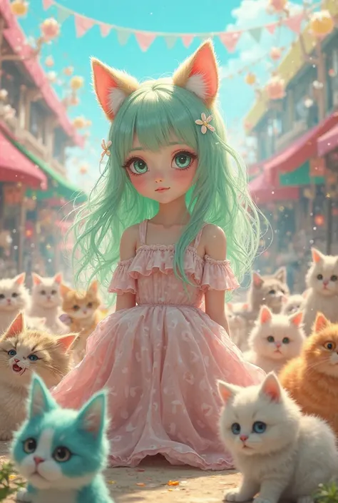  Girl with Cat Ears Hair Color Pastel Green、Hair fluffy Doll Festival、 surrounded by lots of cats、
Hi-Res, high definition model, anime style