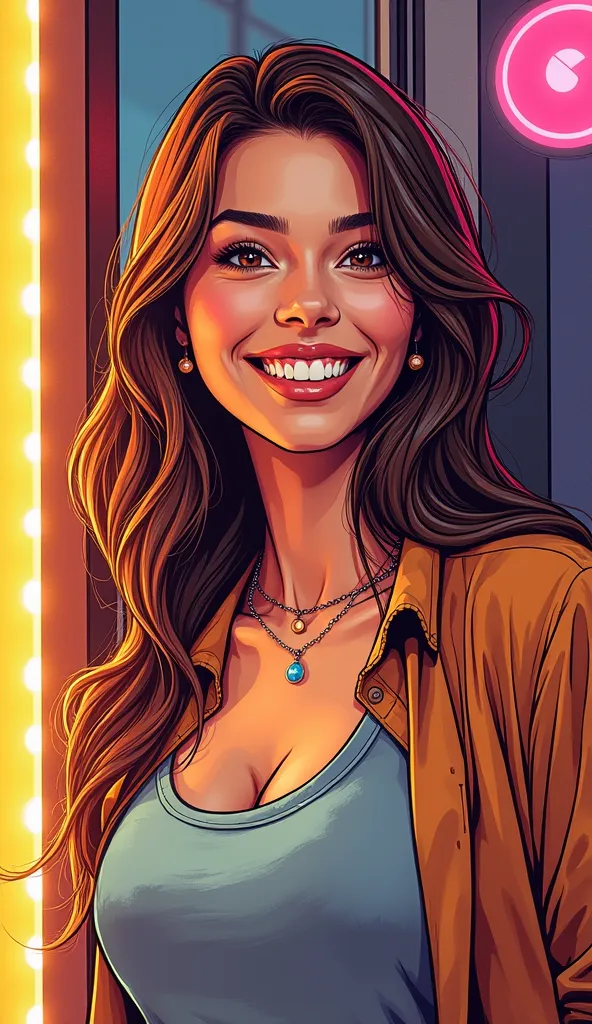 DISCREET image. with discreet casual clothes. image adult woman, american, JUST comic book style. with a smile. IMAGES WITH VIBRANT COLORS. half body