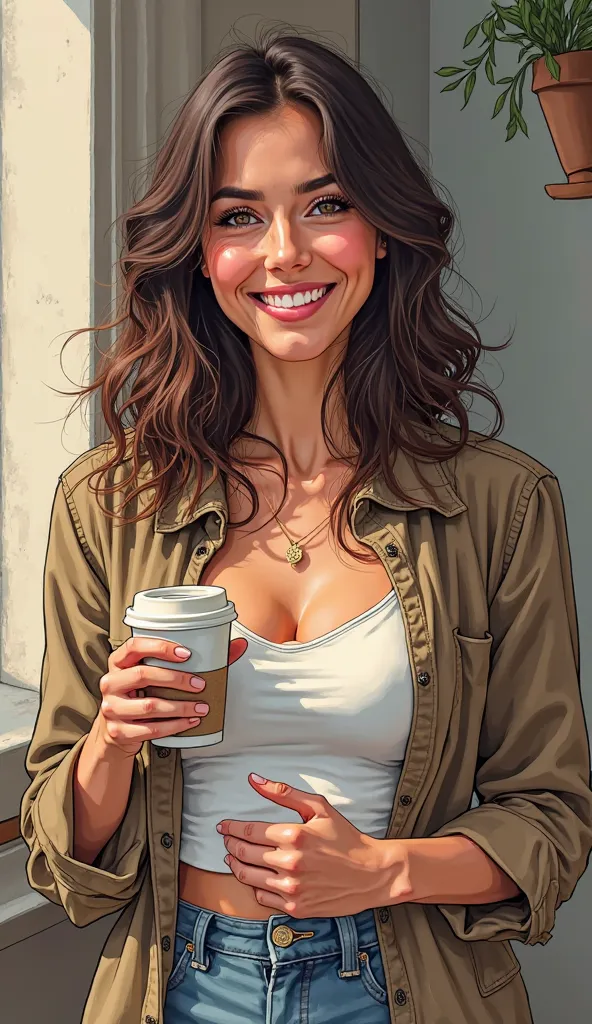 DISCREET image. with discreet casual clothes. image adult woman, american, JUST comic book style. with a smile. IMAGES WITH VIBRANT COLORS. . drinking coffe