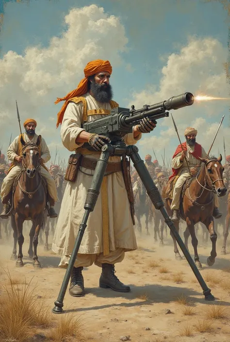 An old art painting shows a view, where a robot in white clothes and a saffron turban with a huge machine gun on a tripod. shoots at an army of hundreds of thousands of Afghans on horseback with spears and swords in his hands, whose leader is sitting on a ...