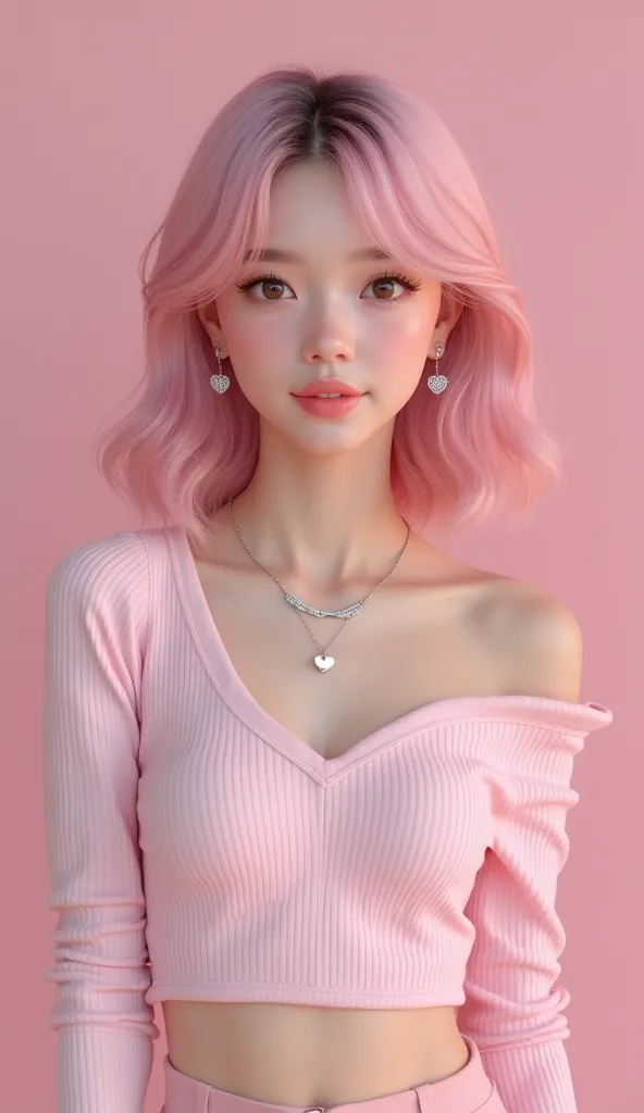 
"A photorealistic portrait of a young woman with pastel pink wavy hair, medium-length, with front bangs, wearing a light pink ribbed long-sleeve top with a wide neckline, accessorized with a silver heart-shaped necklace and small heart-shaped earrings, st...