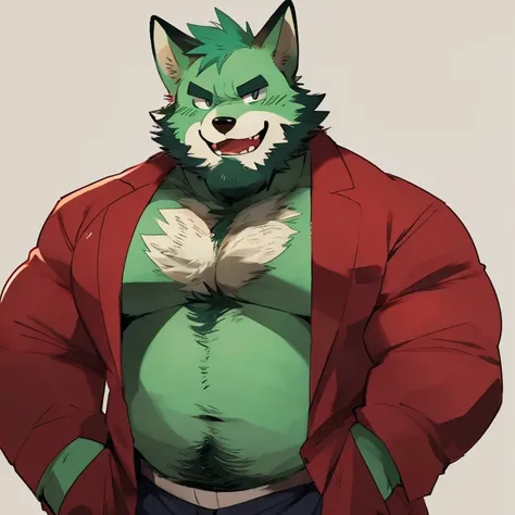 fox, furry, green fur, handsome, very muscular, very big, extremely hot and sexy, beard, hair, chest hair, charming eyes, solo, male, happy expression, daddy, full body, big body, clothes, middle aged, by hyaku, by darkgem, by glitter trap boy