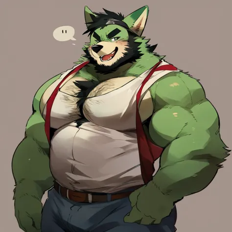 fox, furry, green fur, handsome, very muscular, very big, extremely hot and sexy, beard, hair, chest hair, charming eyes, solo, male, happy expression, daddy, full body, big body, clothes, middle aged, by hyaku, by darkgem, by glitter trap boy