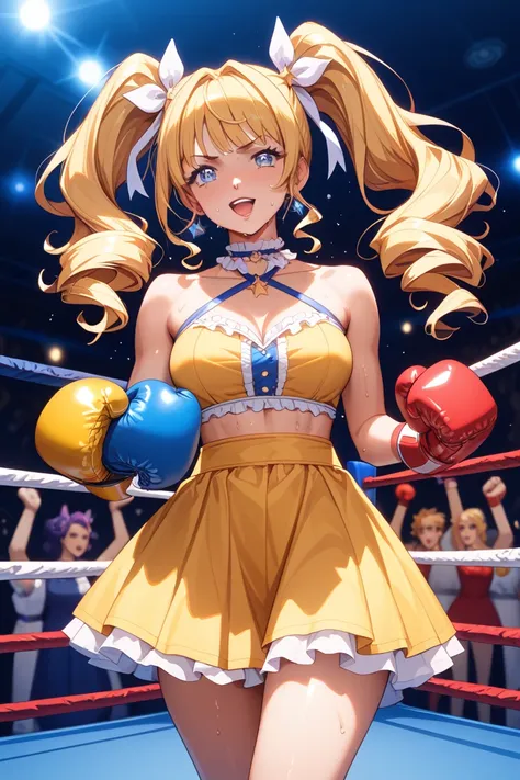 yellow dress and white ribbon、bright magical girl with long blond twin tails（ Pretty Cure style）but、standing in a boxing ring。She wears orange and white boxing gloves and、Sweating、in a pinch with a distressed expression。boxing ring ropes in the background ...