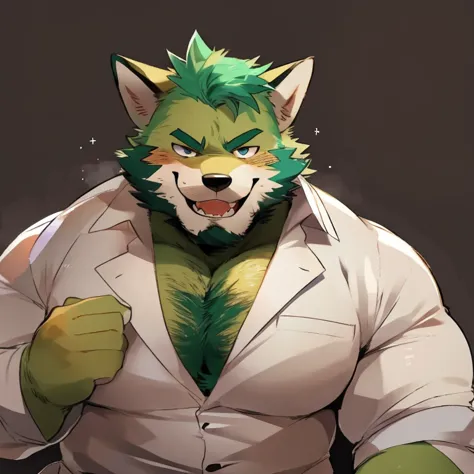 fox, furry, green fur, handsome, very muscular, very big, extremely hot and sexy, beard, hair, chest hair, charming eyes, solo, male, happy expression, daddy, full body, big body, clothes, middle aged, by hyaku, by darkgem, by glitter trap boy