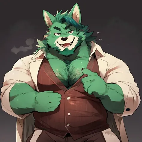 fox, furry, green fur, handsome, very muscular, very big, extremely hot and sexy, beard, hair, chest hair, charming eyes, solo, male, happy expression, daddy, full body, big body, clothes, middle aged, by hyaku, by darkgem, by glitter trap boy