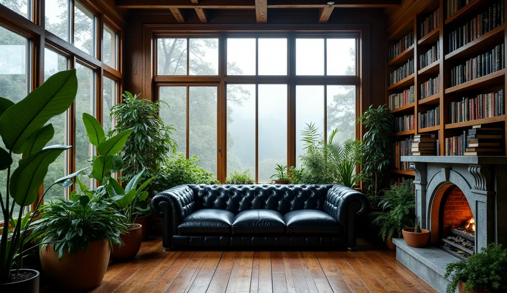 A cozy, inviting greenhouse-like room with massive windows that fill the space with soft, natural light. The focal point is a large, comfortable black leather couch, its rich, sleek surface inviting relaxation. Behind the couch is a large wooden bookshelf ...