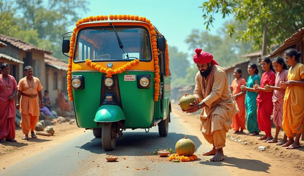 "A colorful Indian village scene featuring a newly inaugurated green and yellow auto rickshaw decorated with marigold garlands. In front of the bus, a happy villager in a red turban and traditional attire is breaking a coconut on the road as part of a ritu...