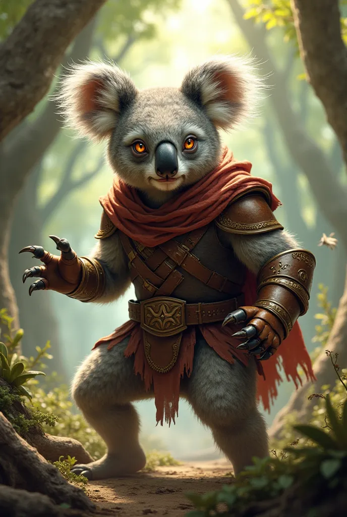 Generate an image of a warrior koala who uses drunken art to combat. 