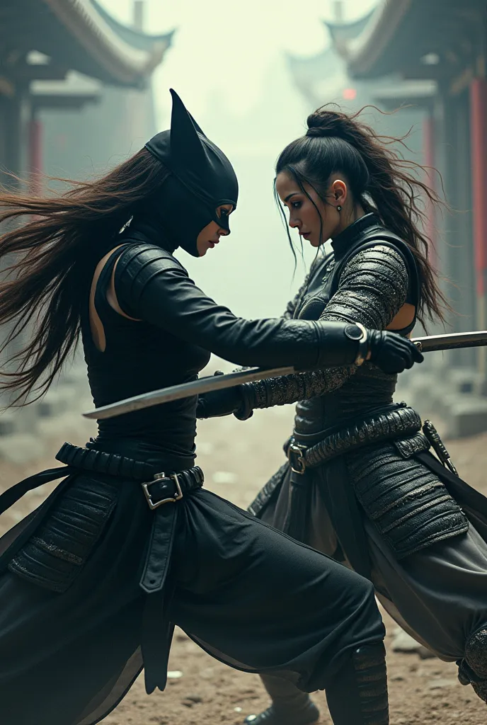 Women and women , Demon Ninja and Demon Samurai,  Fight each other with swords,  Reality,Dynamic Battle,Film Quality ,High quality photo graphics,