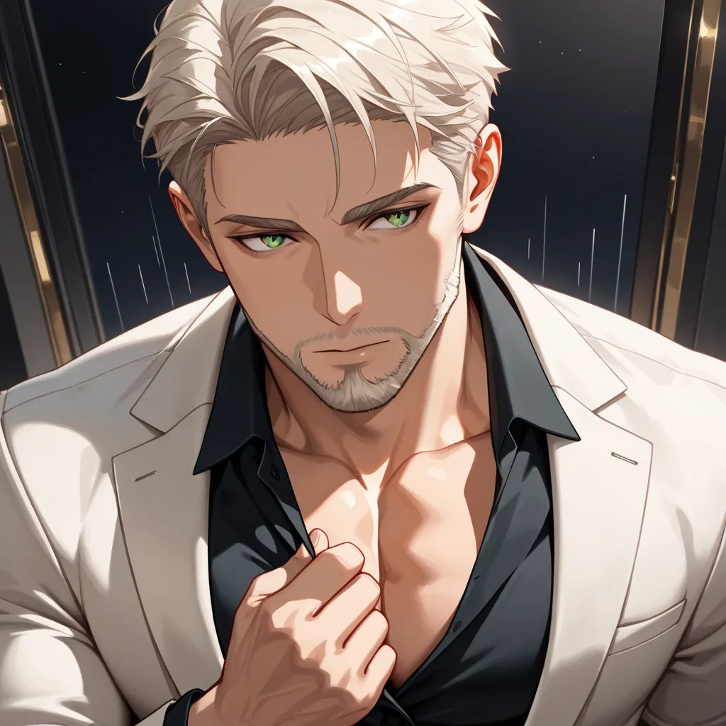 ultra-detailed,(best quality),((masterpiece)),(   highres),original,extremely, soft, faint lines and a light color palette to create a dreamlike and fragile appearance, 1boy, solo, mature male, platinum blonde short hair, green eyes, suit, muscular male