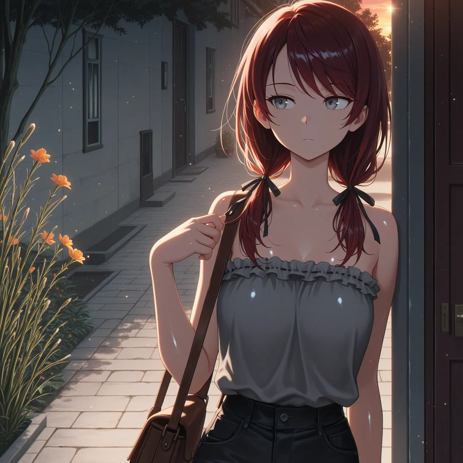 masterpiece, best quality, amazing quality, expressionless, :|, girl, satchel, looking to the side, solo, light particles, thin, books, dark red hair, swept bangs, low twin tails, hair ribbons,stoic, gray eyes, strapless gray top with white frill trim, bla...