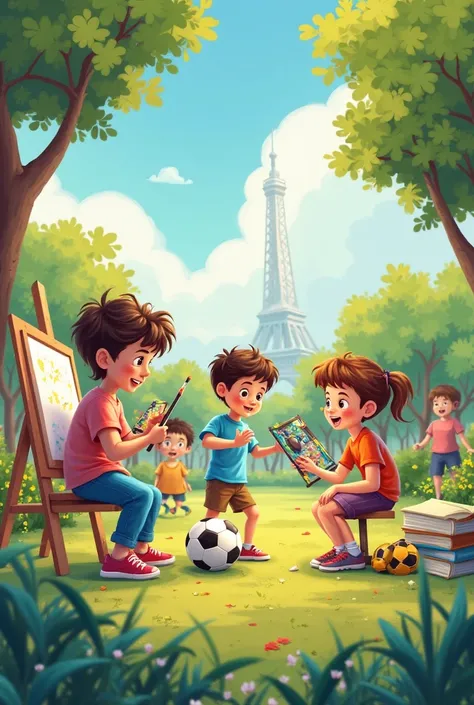 "A group of ren practicing different activities: one paints on an easel, another plays soccer and another builds a robot.  In the background, there is a park full of life and parents proudly watching. illustrative style, Vibrant and dynamic colors, with a ...