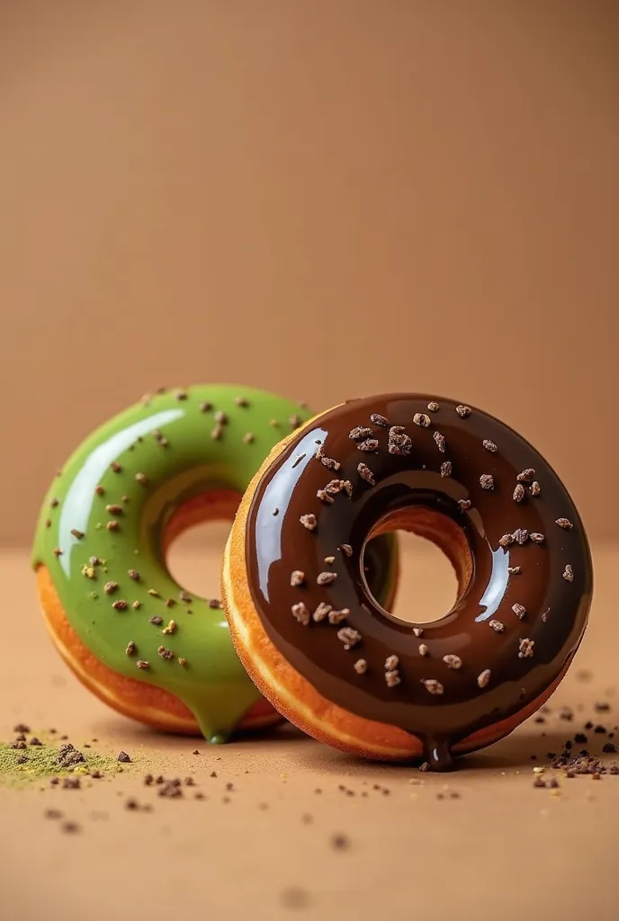 Make a matcha flavored donut and a coffee flavored donut with plain brown background 