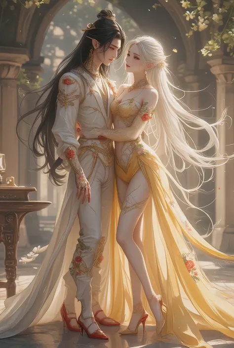 Make an elf female character long white hair finely unraveled and my eyes are blue easy like diamonds and look beautiful and sexy and enchanting and look beautiful 
Princess dress in soft yellow color is very elegant and sexy has red rose flower decoration...