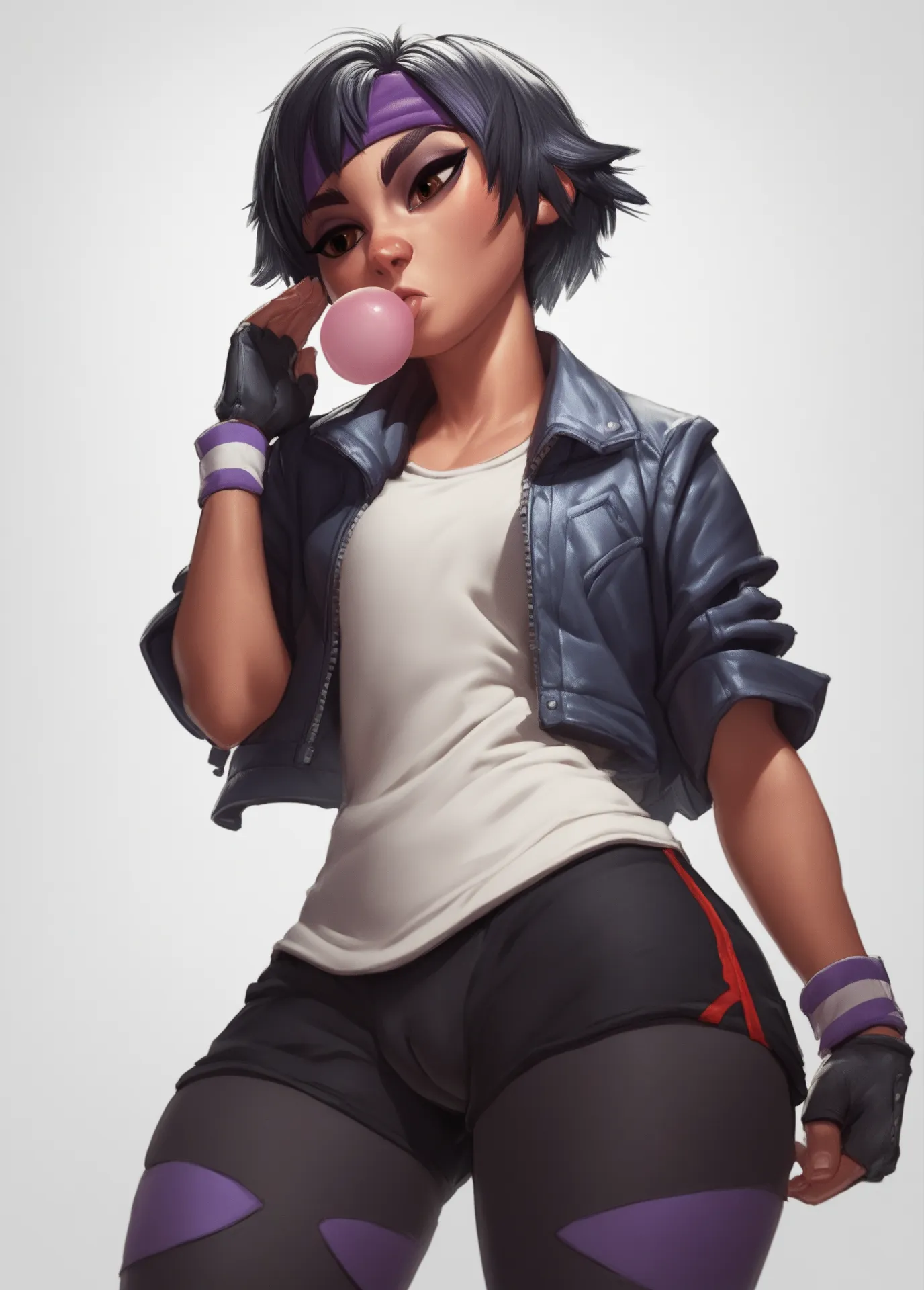 1 girl, Alone , cowboy shot, white background,  thick thighs , looking at the spectator, chewing gum tomagodef , short hair, black hair, purple hair,  headband , Brown Eyes, eye shadow, open jacket, camisa blanca, wristband, fingerless gloves, shorts with ...