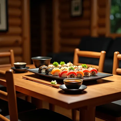 hand-rolled sushi 、table、dinner、living room、loggy-like interior with table、light up、unmanned、木製テーブルにhand-rolled sushi 、hand-rolled sushi とお茶は少しだけ離して、stylish wooden chair、RAW photo, detailed, masterpiece, absurdres,  highres, 16k, 8k, ((masterpiece:1.4, bes...