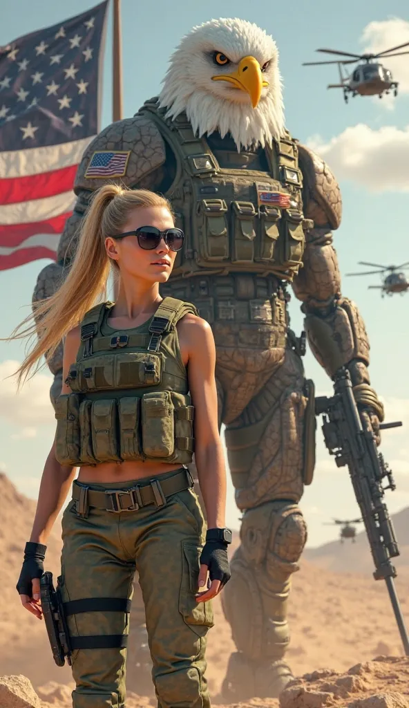 "A stunning female U.S. soldier with long blonde hair tied back, wearing a modern military uniform with a tight tactical vest. She has a confident smirk, aviator sunglasses, and holds an advanced assault rifle. Beside her stands a towering two-story-tall h...