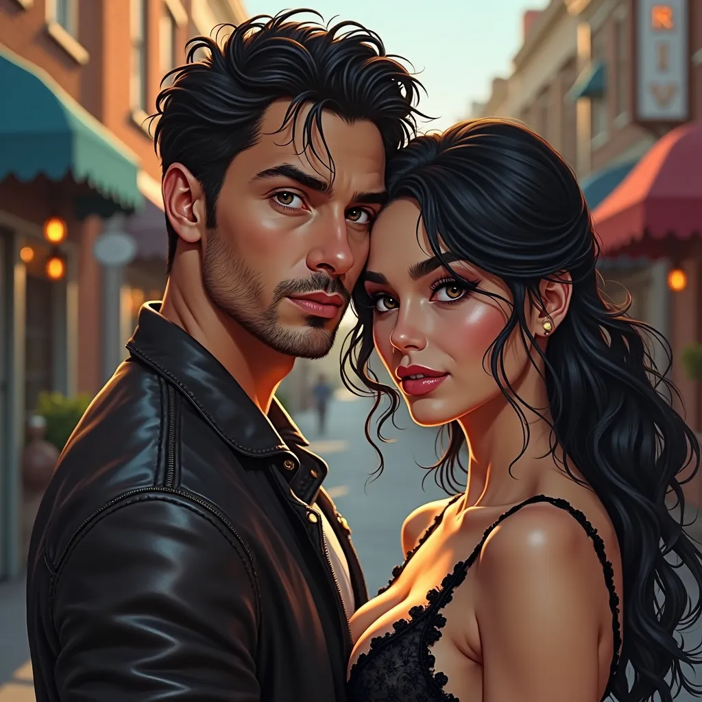 Handsome, brown-eyed, leather-jacketed, muscular-built, masculine-faced man. Beautiful woman with black hair, butterfly cut, dark eyes and classy clothes. neighborhood fiction. design book cover