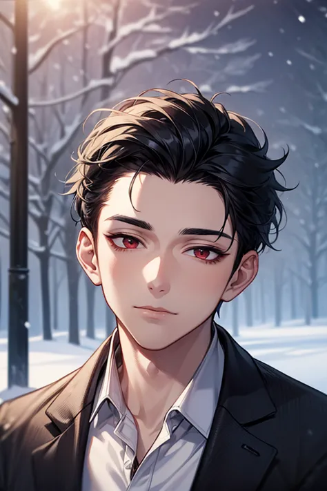 obra maestra, high quality, 8K , men's black-haired, short hair,  RED EYES , sexy face shirt, very detailed face, winter school uniform, in winter  , Alone 