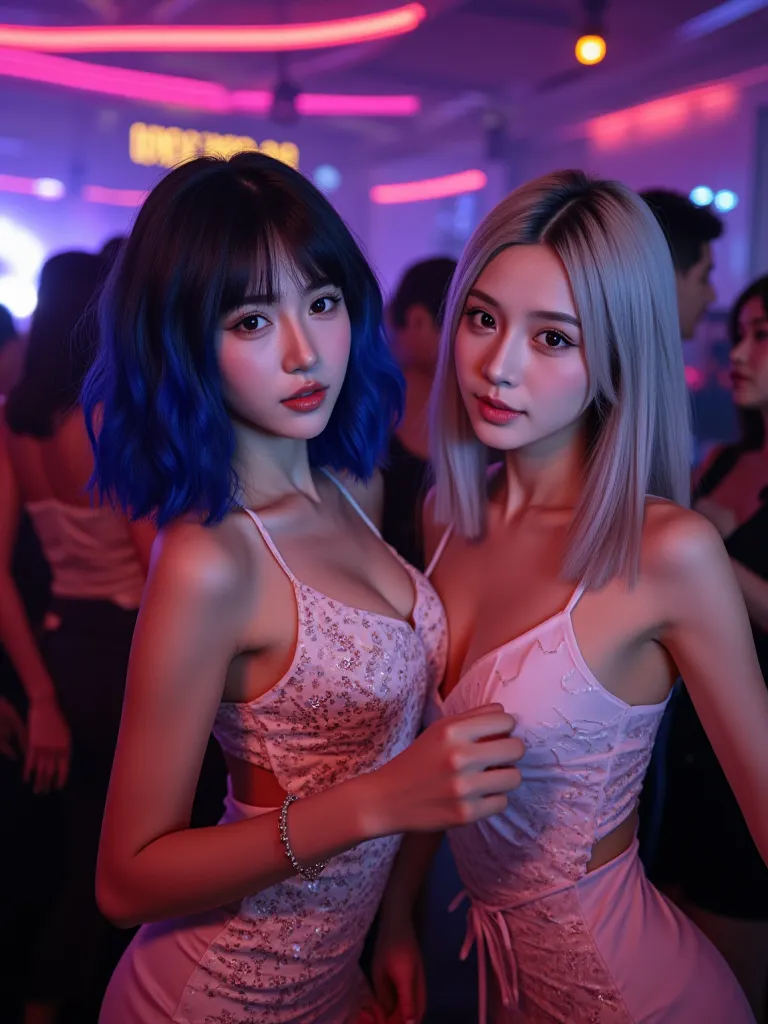 2girl, duo, the first girl is Filipino with dark blue curly curled hair really curled  (with slight bangs) that’s at her shoulders, and tanned skin, the other girl is korean with long straight silver hair with (no bangs) doe eyes, plump lips, her vibe is m...