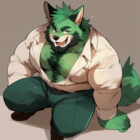 fox, furry, green fur, handsome, very muscular, very big, extremely hot and sexy, beard, hair, chest hair, charming eyes, solo, male, happy expression, daddy, full body, big body, clothes, middle aged, by hyaku, by darkgem, by glitter trap boy