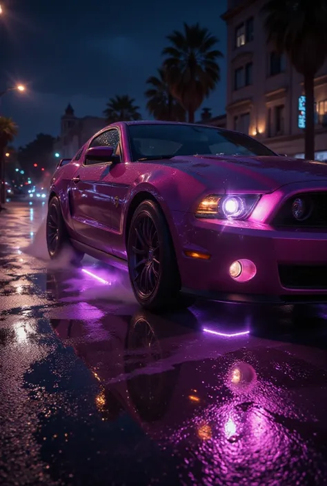 purple car, careers, Fast and furious, purple neon lights underneath, street at night, wet asphalt , smoking wheels, sports car, seen at floor level, low angle, drifts, action, speed, film effects, street light, reflections on asphalt, purple neon, 4k, hdr...