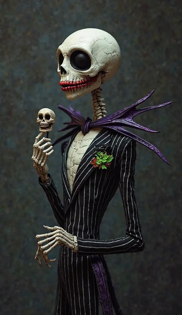 Imagine a slender and tall figure, with the bone structure characteristic of Jack Skellington, but with the Joker's wide and manic smile. His face is an impeccable white skull, but with cracked lips and a stretched red smile, as if it had been carved direc...