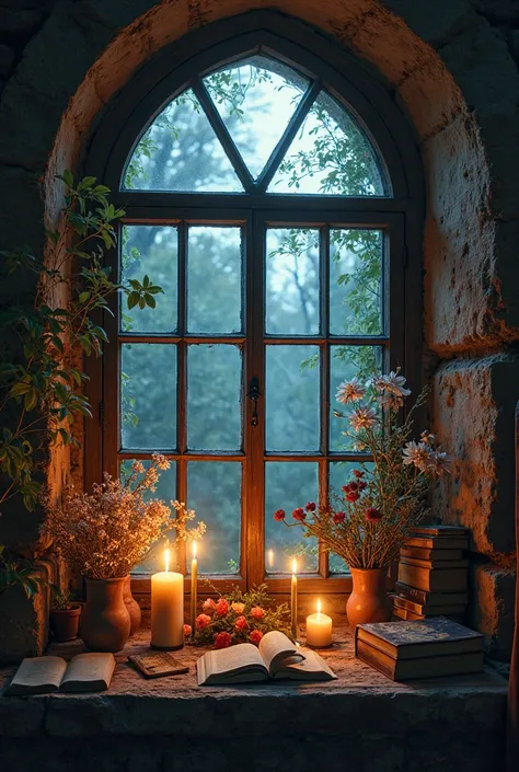 Make me a book-sized image where you can see a window from the inside, With lots of flowers, Books and candles, all with an old atmosphere and, That outside it looks like a kind of malign vortex at night