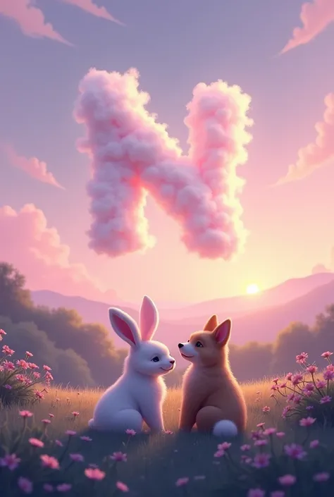 A lilac sunset with an N-shaped cloud with a bunny and a dog