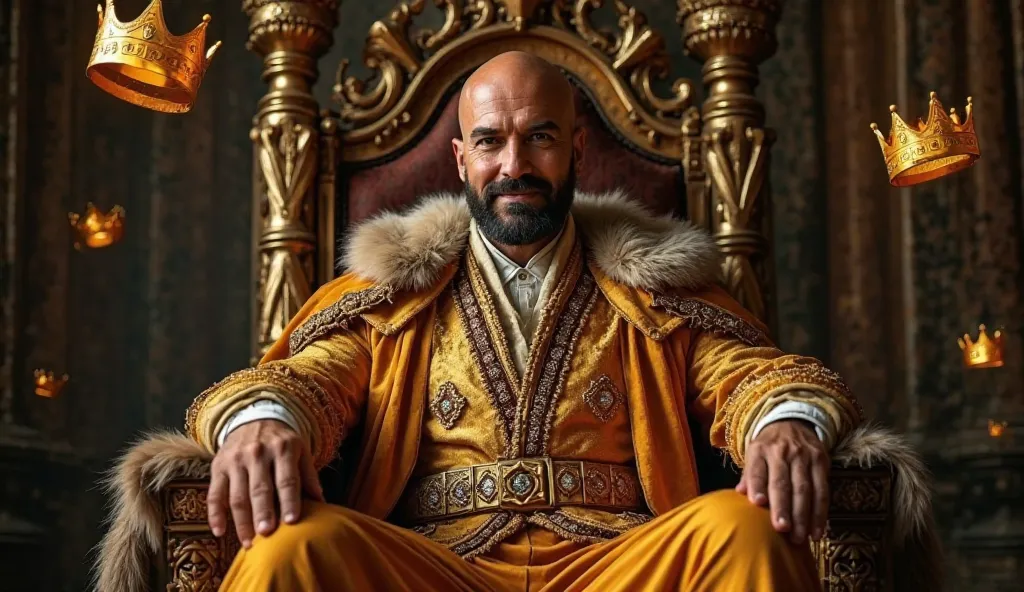 A middle-aged man, likely of Mediterranean descent, sits on a throne.  He is bald and has a short, dark beard. His expression is regal and confident, with a slight smile. He wears a rich, ornate, golden-colored suit with intricate detailing, a fur-trimmed ...