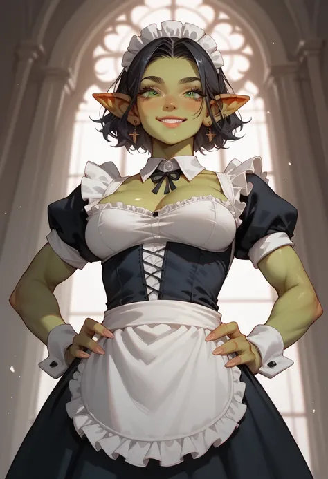 Single, 1 girl, alone, Adult hob goblin girl, modest breasts, with dark hair, green skin, shoulder length hair, green eyes, a sexy smile, wearing a maid outfit, athletic body, hands on hips, blushing, low angle shot.