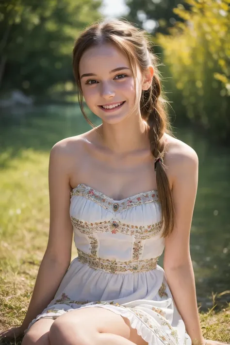 Masterpiece, Best quality, 8k, 18 years old, University student, Photo brute, absurdes, Award-winning portrait, sourire, sourire, pure, Russian, happy smile, sitting, revealing, beautiful hair, nature, summer dress, beautiful waist, gorgeous, stunning beau...