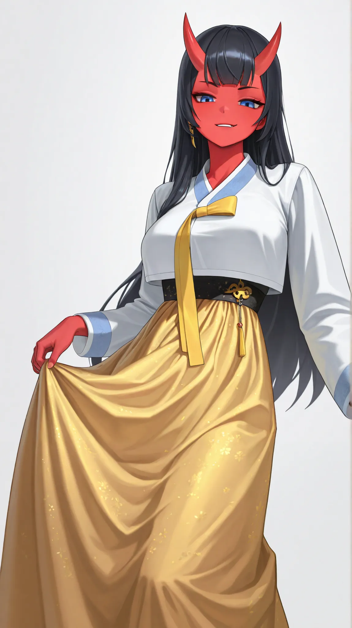 (((HD))), (((Ultra High Quality))), ((hyper detailed)), ((Ultra High Resolution)), ((detailed eyes)), (((8K))), one girl, tall, Oni, Oni horns, long hair, split bangs, black hair, red skin, blue eyes, smirk, Korean traditional dress, hanbok, gold accents, ...