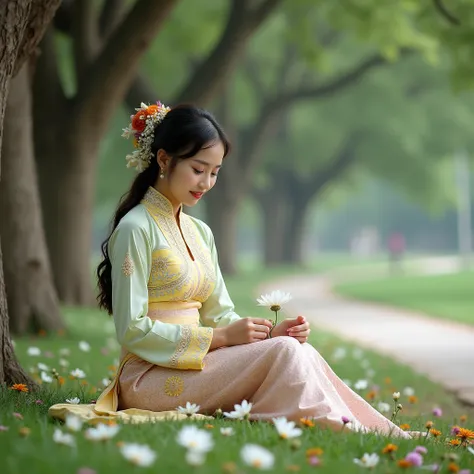 "Create an image of a 25-year-old Burmese young ladyr, fair skin, a round face, beautiful eyes and eyebrows, and slightly wavy hair. sitting under a tree and picking the flowers on the ground, outdoors in a park-like setting. The lady is wearing a traditio...