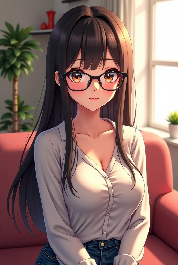 Annecy wearing glasses is posing in a living room with a sofa, Realistic anime  3 d style, hyper Realistic anime ,  Fascinating Anime Girl, Realistic anime , Realistic anime  artstyle, photoRealistic anime ,  3d anime realistic , Realistic anime  art style...