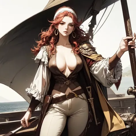  a 30-year-old red-haired pirate captain , wavy shoulder-length hair, red headband, large gold hoop earrings,  loose white long-sleeved blouse ,  brown leather vest , belt with large square buckle ,  long brown pants ,  frayed leather boots ,  holding a cl...