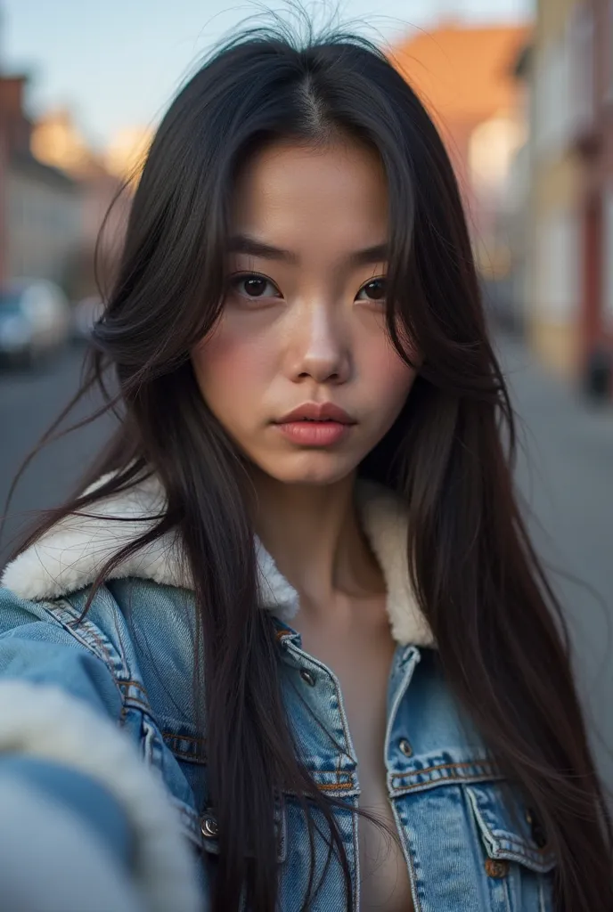 A Beautiful asian women with long black straight hair, 20 years old,sexy, wearing a cute sexy fur jean jacket,  pants, outside enjoying her evening , cat eye make-up, beautiful eyes ,  full body shot, sexy pose,  sexy pose, High resolution, selfie, good qu...