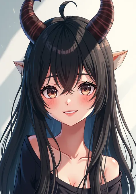 Very Long Hair, Smile, Best Quality, girl,Anime,Teeth, Solo, Black Hair, Horns, 