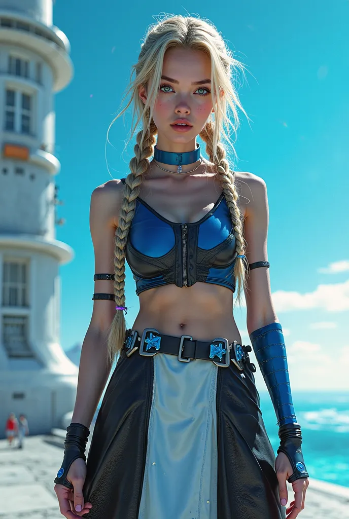 (masterpiece), best quality, expressive eyes, perfect face (@victoria) a young blonde woman, extremely long braided hair, slim and defined with an athlete's body wearing black and white long dress with cosplay style design and a blue top, Trinity, cybertec...