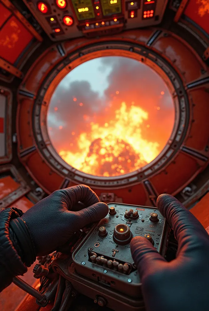 An ultra-realistic point-of-view image (throw), , capturing the first-person perspective of a cosmonaut inside the Vostok 1 capsule at the exact moment of takeoff. The gloved hands firmly hold the metal controls, while the instrument panel vibrates intense...