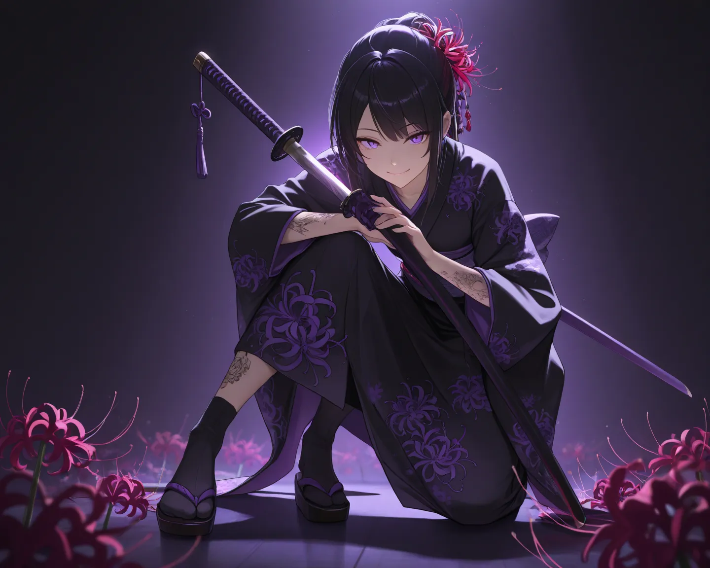 masterpiece, best quality, (masterpiece, best quality,  (detailed eyes), (detailed face),tattoo, Katana, close-up, mischievous smile, frizzy stomach、( detailed lighting), Rim Lighting, sharp concentration,black kimono with floral pattern,full body、Purple s...