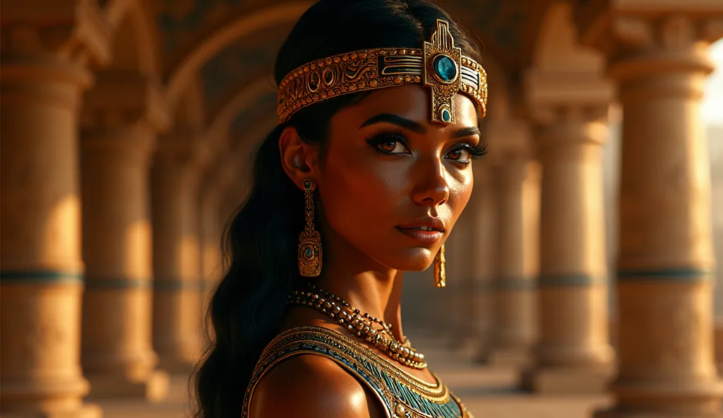 Ultra-detailed portrait of a 23-year-old Egyptian warrior and noblewoman, Cleopatra's half-sister, standing 1.73m tall. She has an elegantly elongated oval face with high, defined cheekbones, a softly contoured jawline, and a slightly pointed chin. Her alm...