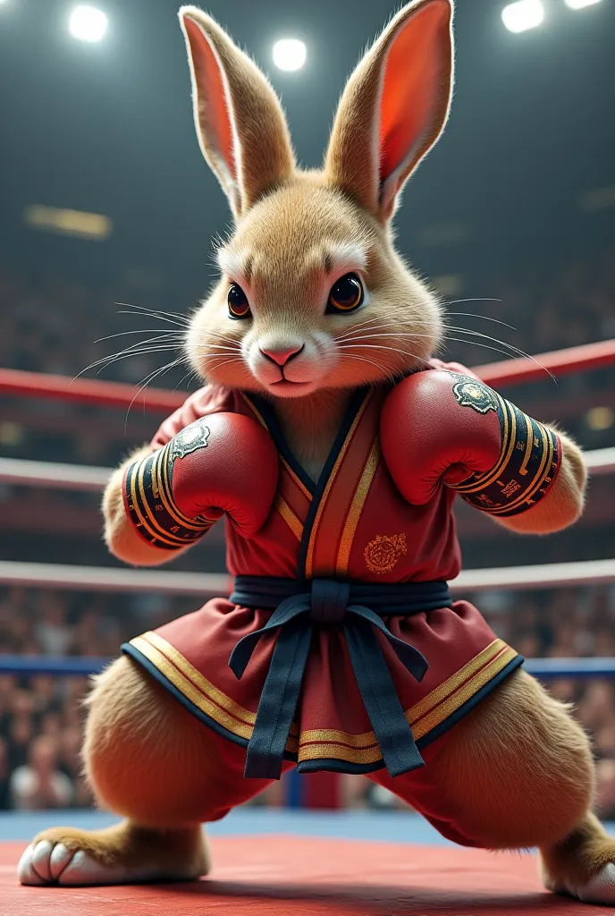 Strongly muscled rabbit, wearing Muay Thai uniform and boxing gloves, Fighting in a wrestling ring 