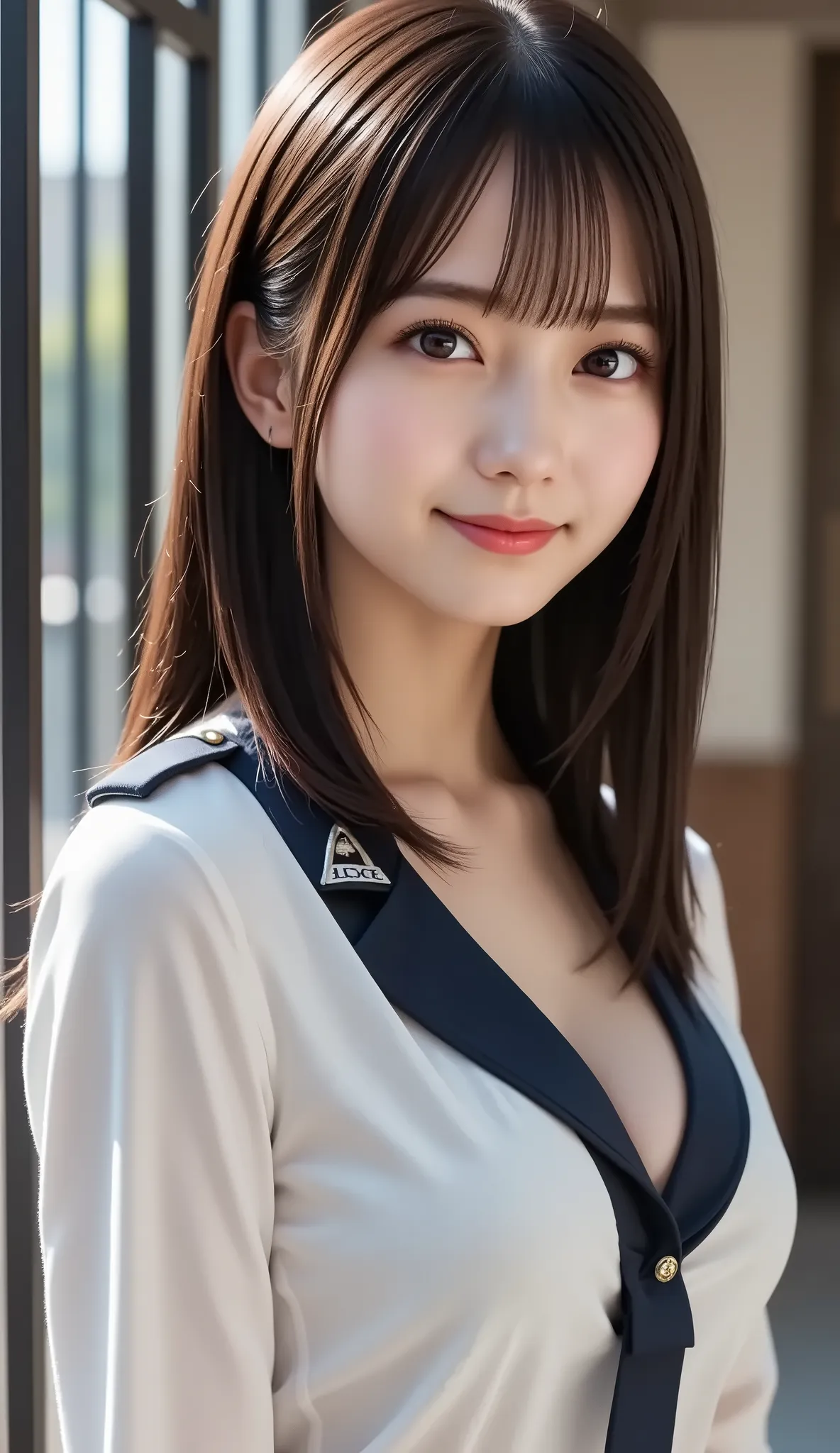 (a state where the face is accurately positioned in the center of the image: 1.5), (upper breast: 1.5), (fully reflects the entire head: 1.5), (Face clearly visible: 1.2)、 (Female police officer : 1.5), (Jail : 1.5), long hair、bangs, smile, young and cute ...