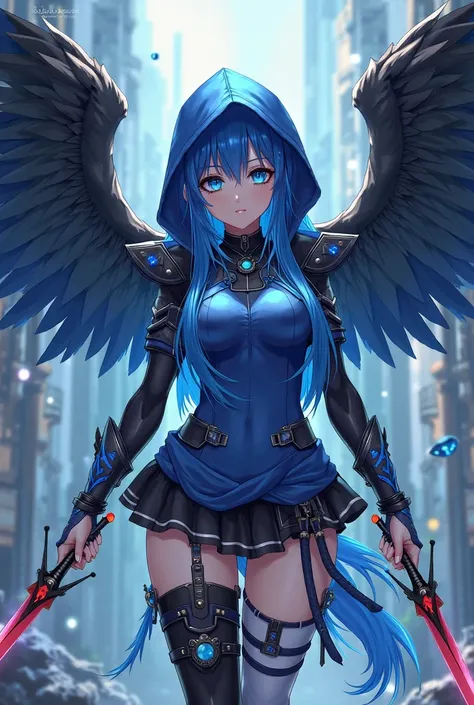 (maximum quality, boobs,  official art , beautiful and aesthetic:1.2)  Anime Woman, Crow wings on the back, blue eyes, long flaming blue and black spiked hair, Blue Hoodie, black and blue armor,  blue sweatshirt, Jeans azul,  Holding two daggers.
