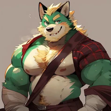 fox, furry, green fur, handsome, very muscular, very big, extremely hot and sexy, beard, hair, chest hair, charming eyes, solo, male, happy expression, daddy, full body, big body, clothes, middle aged, by hyaku, by darkgem, by glitter trap boy