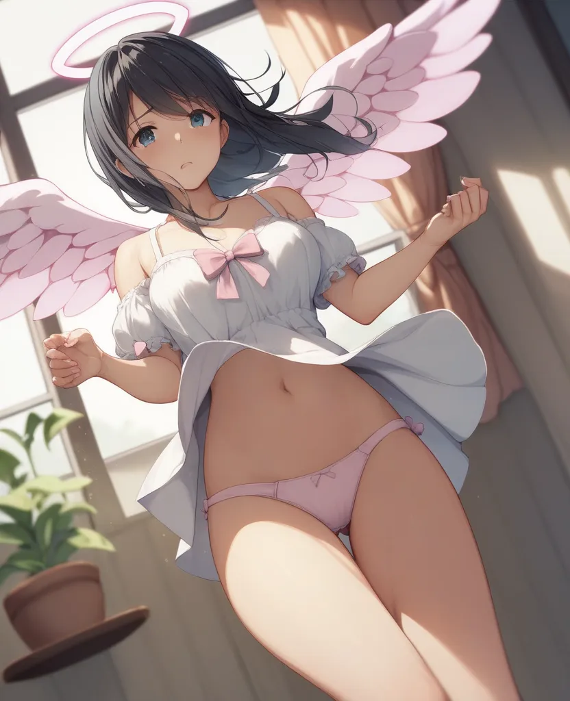 ((Super Detail、high quality、masterpiece))、A Pair Of Big Pink Angel Wings Growing女子小学生(A Pair Of Big Pink Angel Wings Growing、、). flipping up miniskirt 、 black hair、 Revealing Panties (Too Short Miniskirt、 flipping up miniskirt )、 thighs、belly button sticki...